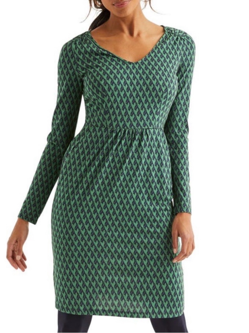 Boden Romilly Green Patterned V-Neck Long Sleeve Dress